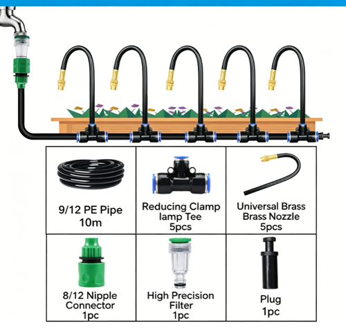 360° Rotating Integrated Automatic Watering Device 12mm Atomizing Irrigation System and Drip Irrigation Kit  features an adjustable hose for convenience and water efficiency.