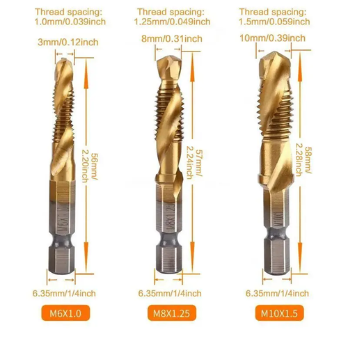 3 In 1 Spiral Tap Hex Shank Drill Bit Set,M3 M4 M5 M6 M8 M10 Drill Bits High Speed Steel,Professional Drill Accessories For Woodworking,Power Tool Accessories, Heavy Duty,Hardware, Cutting, Metal, Durable.