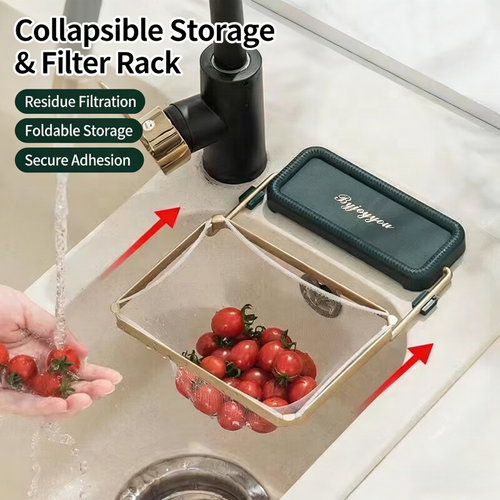 Self Adhesive Foldable Plastic Kitchen Sink Food Waste Filter Rack with Replaceable Filter Mesh, Fruit Vegetable Storage Drainer – Pack Includes 2 Racks & 600 Filter Meshes