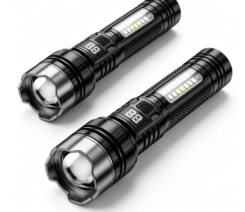 High Endurance Rechargeable Outdoor Camping Flashlight Two Per Set Waterproof IP54 1000+ Lumens LED Digital Display Adjustable Beam Red Blue