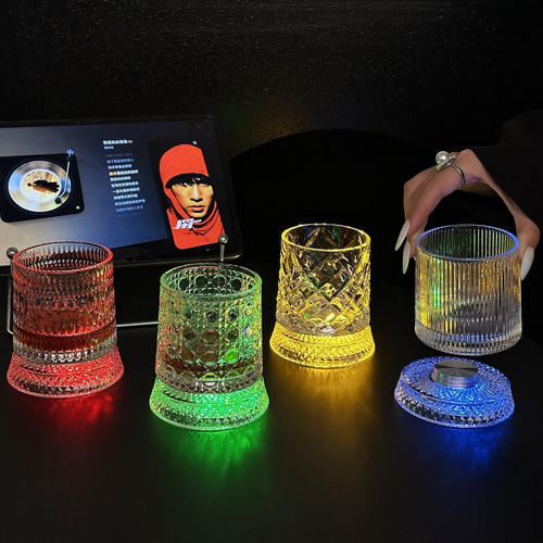 LED Light-Up Multi-color Rotating PC & Glass Modern Wine Cup-Bar KTV Glow Drinkware with Reusable Base (260ml Capacity)
