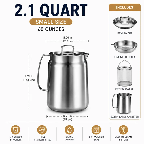 Stainless Steel Deep Fryer Pot with Basket & Strainer - Large Capacity Kitchen Cooking Accessories, Bacon Grease Oil Filter Container for Kitchen, Camping - Dishwasher Safe