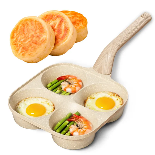 4-Hole Non-Stick Egg Frying Pan - Pancake Pan, Granite Surface, Easy-Clean Nonstick Cookware with Handle, Gas Stove Safe & Induction Ready Kitchen Gadget for Home Chefs, Omelette Pan
