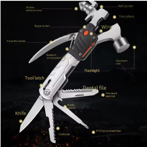 New Design Camping Hammer Multitool with Flashlight Best Camping Accessories with Plier Knife Bottle Opener Saw