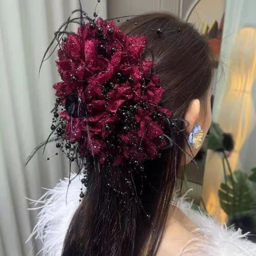 2 PCS Black Red Fashion Women Girls Big Pearl Tassel Lace Pearl Beaded Hair Claw Clip for Thick Hair Elegant Women Large Hairgrips