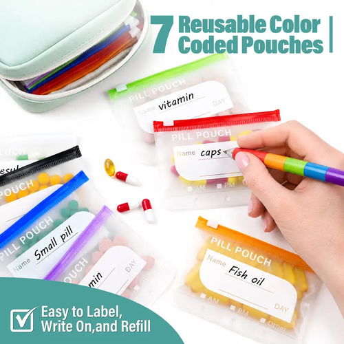 A8 Waterproof Pill Pouch Set, Large Weekly Pill Organizer with 14 Color-Coded Medicine Pouches, Reusable Travel Medicine Pouch Organizer, Zippered Pill Storage Bag for Fish Oils, Vitamins, dealsforyou, summerwins