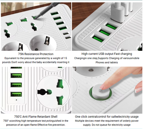 Power Strip 3 Way 6 USB Plug Universal Power Strip 2m