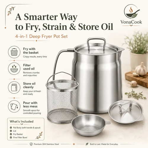 Stainless Steel Deep Fryer Pot with Basket & Strainer - Large Capacity Kitchen Cooking Accessories, Bacon Grease Oil Filter Container for Kitchen, Camping - Dishwasher Safe