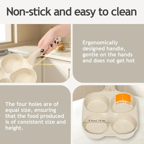 4-Hole Non-Stick Egg Frying Pan - Pancake Pan, Granite Surface, Easy-Clean Nonstick Cookware with Handle, Gas Stove Safe & Induction Ready Kitchen Gadget for Home Chefs, Omelette Pan