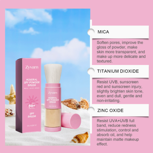 Mineral Protection Sunscreen Brush — A lightweight, invisible powder brush with a refreshing, non-sticky texture, ideal for outdoor sun protection during the summer.