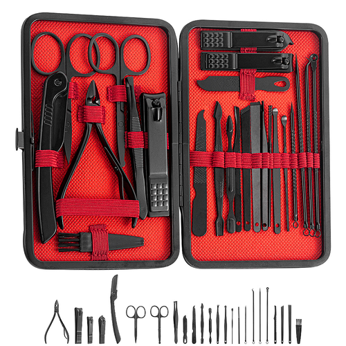 24pcs Black Red Stainless Steel Ear Care Tool Dead Skin Forks Nail Care Professional Kit Portable Grooming Care Kit