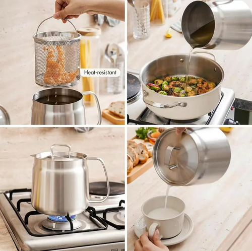 Stainless Steel Deep Fryer Pot with Basket & Strainer - Large Capacity Kitchen Cooking Accessories, Bacon Grease Oil Filter Container for Kitchen, Camping - Dishwasher Safe