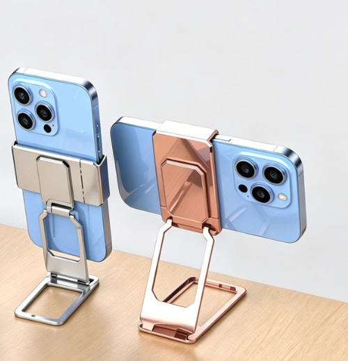 Upgraded Back Clip Type 360° Folding Bracket Free Adjustable Clip-On Phone Holder Magnetic attraction Aluminum Alloy Stretchable Buckle Phone Holder Two Per Set Silver And Rose Gold