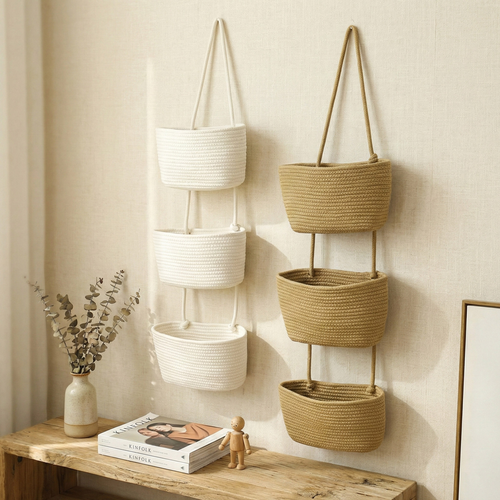 3-Tier Cotton Rope Hanging Wall Organizer Woven Storage Basket Over The Door Pocket for Nursery Bedroom Bathroom Boho Decor