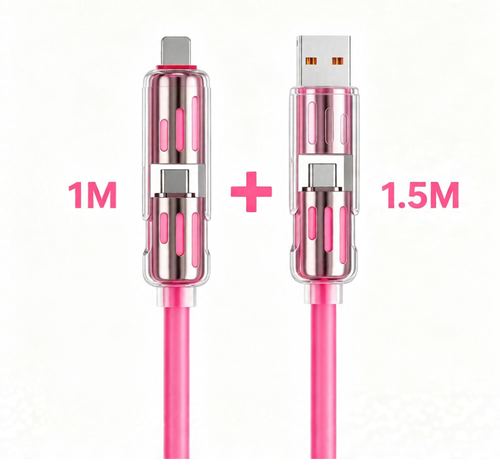 Super Fast LED Display 4-In-1 Mobile Phone Charging Cable Usb Suitable Soft Silicone 240W Fast Charging Cable Pink Two Per Set 1M+1.5M