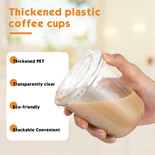 PET Crystal Clear Plastic Cups 14OZ With Lid Disposable Iced Coffee Cups with Lids for Cold Beverages 50Pack