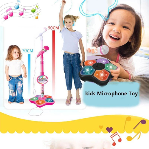 New Arrival Kids Educational Toy Microphone Pink with Stand Flashing Light MP3 Karaoke Song Music Instrument Toys for 3-10 Years