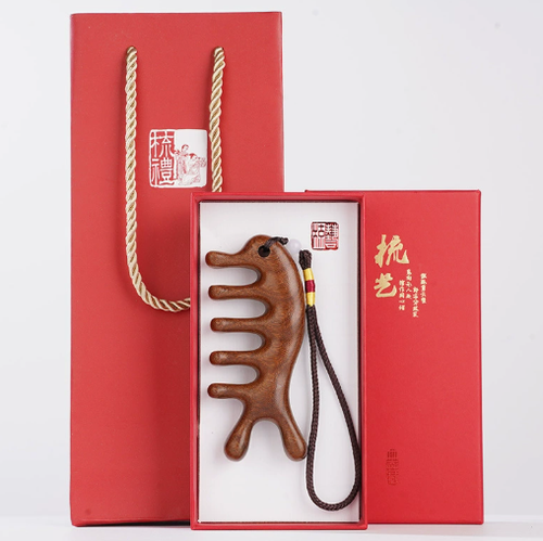 Golden Silk Sandalwood Seahorse Dolphin Head Meridian Massage Comb Relieve Muscle Stiffness Activate Blood Circulation Wooden——Gift Box Packaging