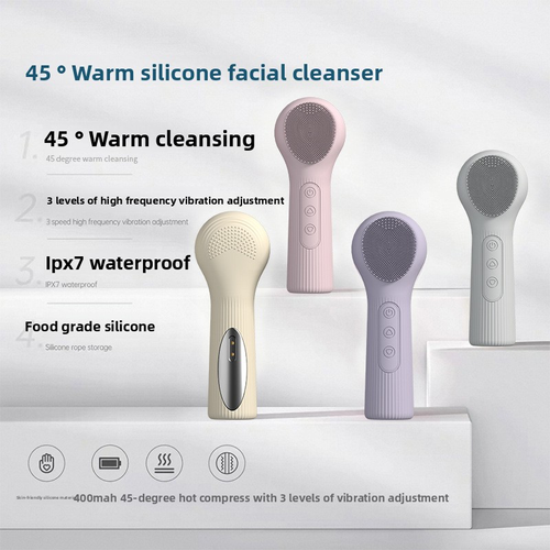 Silicone Heated Face Washing Brush Dual-Sided Temperature Sensing Magnetic Charging Inductive Battery Facial Cleansing Pink