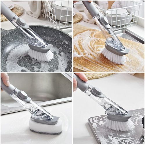 Multifunctional Soap Dispensing Dish Brush Set Replaceable Heads Kitchen Pot Pan Sink Cleaning Scrubber Press Liquid Brush