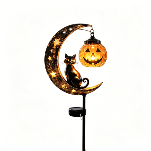 Waterproof Metal Solar Stake Light Moon Black Cat Pumpkin Outdoor Yard Lawn LED Decor Lamp