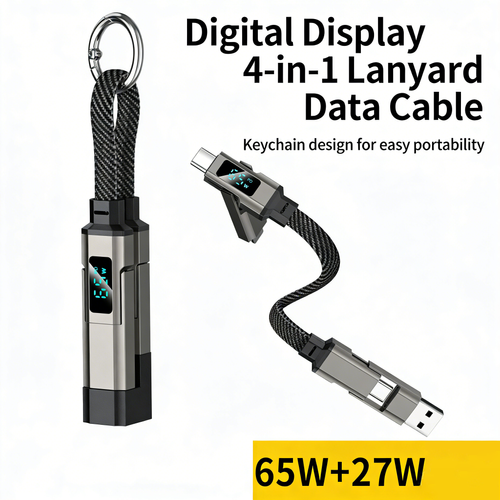 High Quality 0.2m 4 in 1 Braided USB-C Portable Keychain Cable LED Display PD Fast Charging for Mobile Phone Multiple Devices