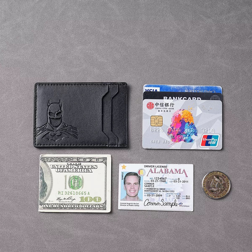 Leather Black Superhero Card Holder with Multiple Card Slots Print Leather Bat Wallet