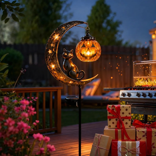 Waterproof Metal Solar Stake Light Moon Black Cat Pumpkin Outdoor Yard Lawn LED Decor Lamp