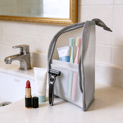 Mesh Zipper Toiletry Storage Pouch - Multi-Pocket Travel Cosmetic Organizer Bag for Bathroom Counter, Vacation Use Three Per Set（Black White Pink）