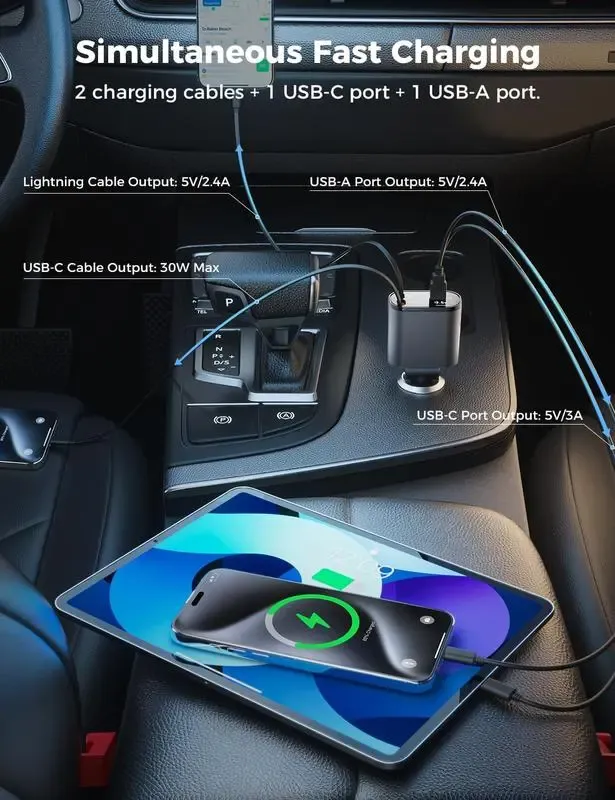 100W 4-in-1 Retractable Car Charger - USB C Fast Charging Adapter with Lightning Cable & Dual Ports, Car Accessories, iPhone Charger, Multi-Port Cables for iPhone 15 14 13 Pro Max Plus, iPad, AirPods, Samsung Galaxy S23 S22 S10, Google Smartphones