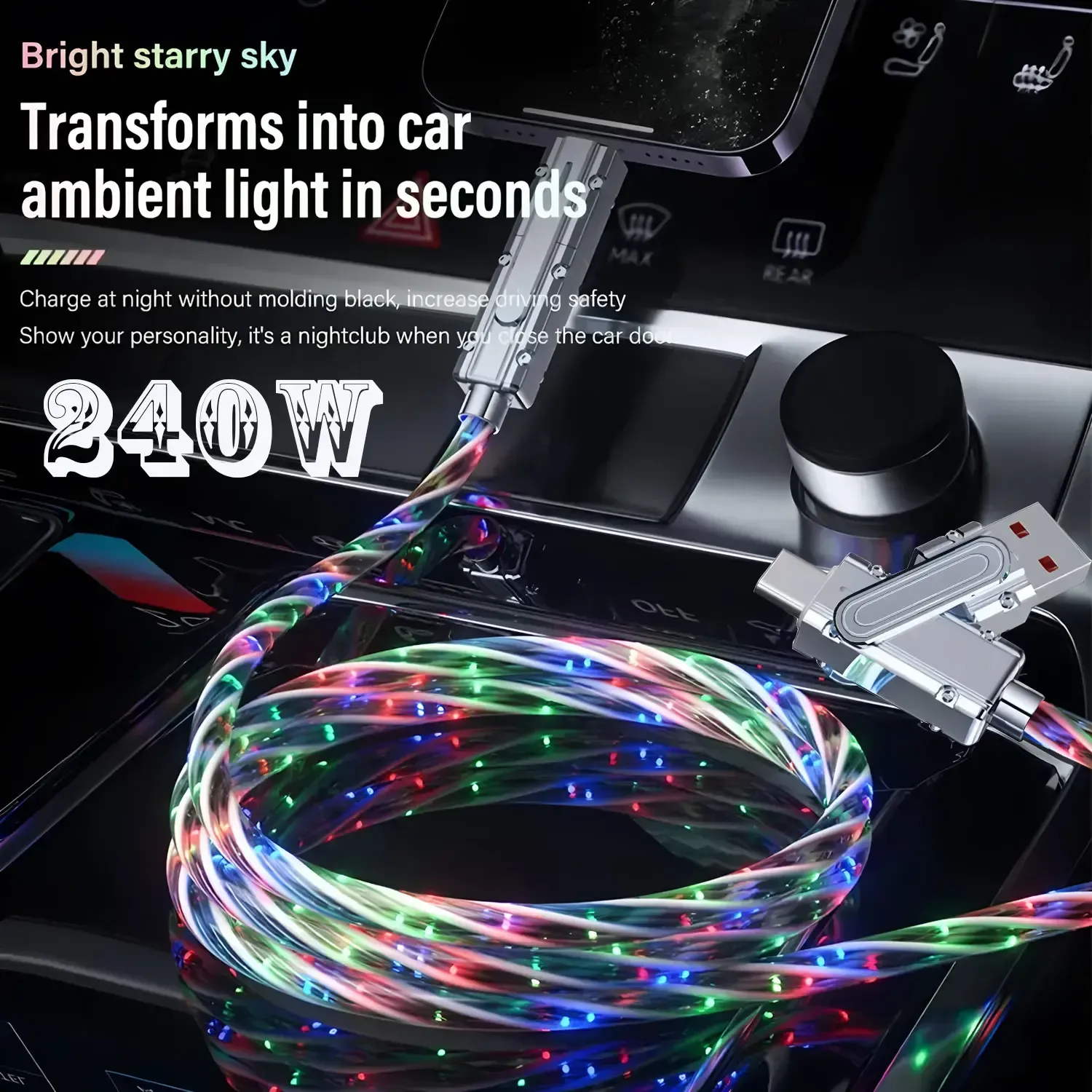 Star Flash Light 540 Degree Rotational Silicone Type-C Fast Charging Cable for iPhone Pixel for Mobile Phones