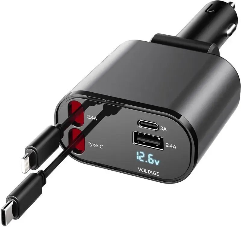 100W 4-in-1 Retractable Car Charger - USB C Fast Charging Adapter with Lightning Cable & Dual Ports, Car Accessories, iPhone Charger, Multi-Port Cables for iPhone 15 14 13 Pro Max Plus, iPad, AirPods, Samsung Galaxy S23 S22 S10, Google Smartphones