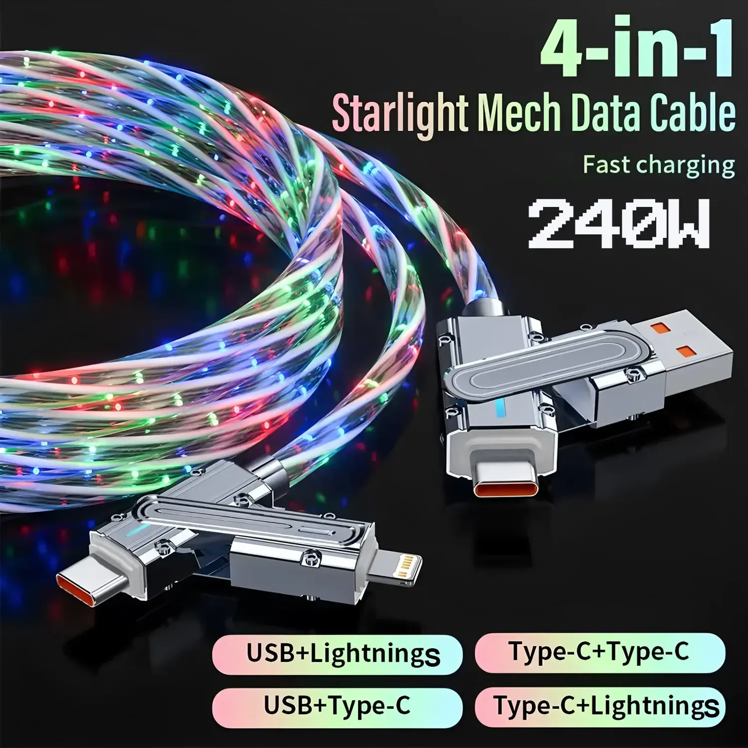 Star Flash Light 540 Degree Rotational Silicone Type-C Fast Charging Cable for iPhone Pixel for Mobile Phones