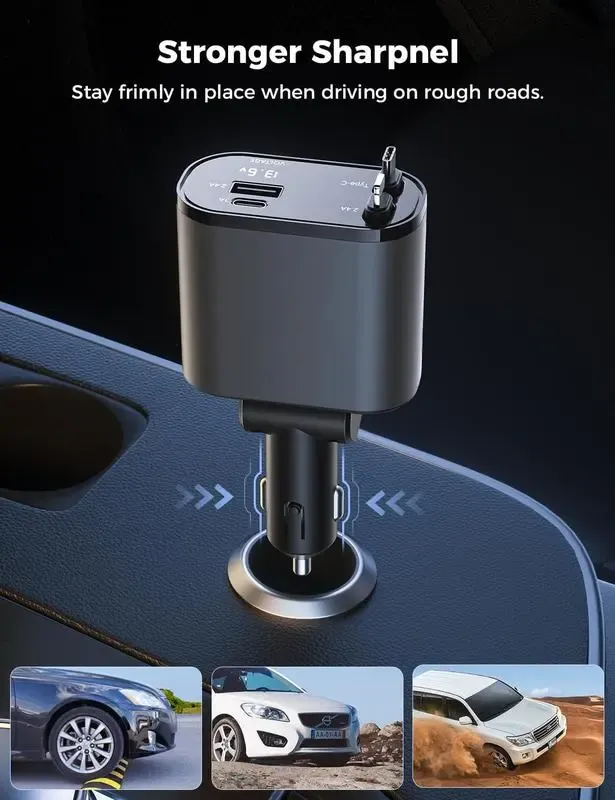 100W 4-in-1 Retractable Car Charger - USB C Fast Charging Adapter with Lightning Cable & Dual Ports, Car Accessories, iPhone Charger, Multi-Port Cables for iPhone 15 14 13 Pro Max Plus, iPad, AirPods, Samsung Galaxy S23 S22 S10, Google Smartphones