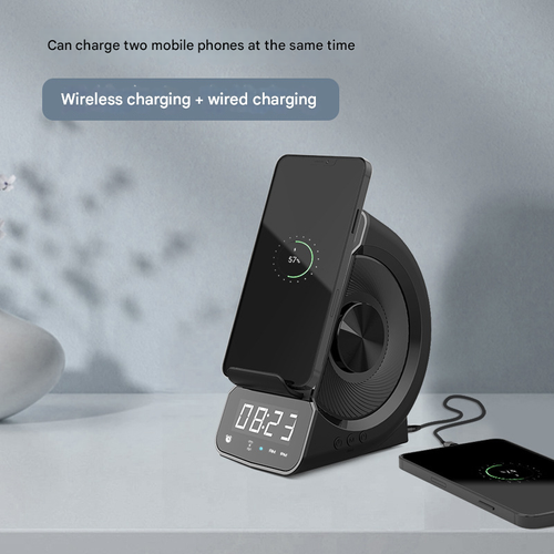 3-in-1 Wireless Charging Station Bluetooth Speaker - Digital Alarm Clock with Qi Charger, FM Radio, Night Light for Bedroom, Desktop Office