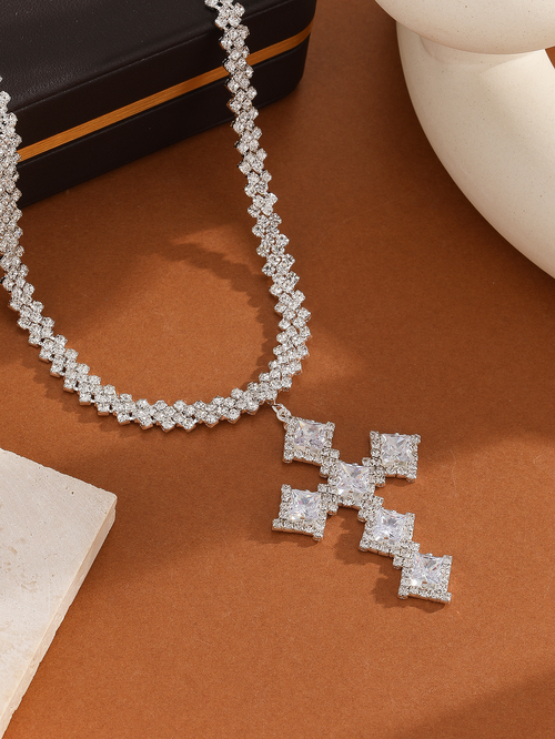 Women's French Banquet Style Full Diamond Light Luxury Trendy Sparkling Cross Copper Rhinestone Earrings Necklace Jewelry Set