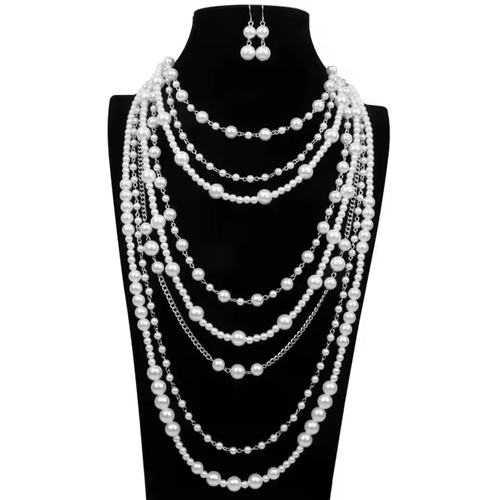 Statement Chunky Pearls Jewelry Set Long Statement Necklace Layered Pearls Necklace Earrings for Women