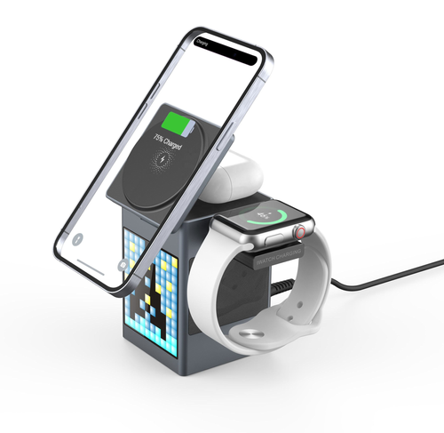 2025 Trending Product 6 in 1 Pixel Animation Digital Alarm Clock LED Table Lamp With 15W Magnetic Wireless Charger BT5.3 Speaker