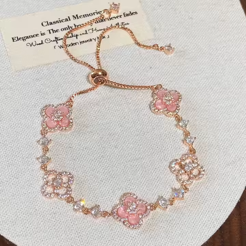 Vershal D-241 Pink Lucky Clover Inlay Zircon Fashion Bracelet 18k Gold Plated Elegant Bracelet for Women