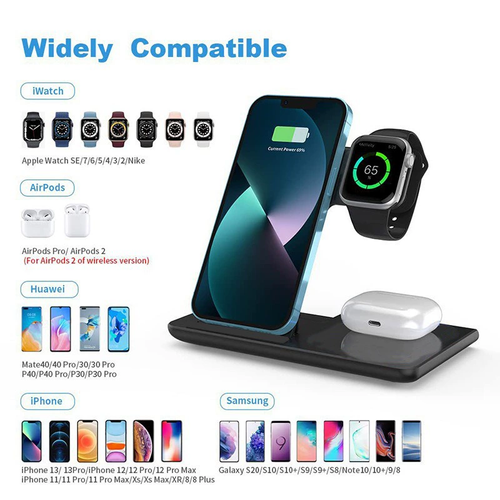 3 in 1 Foldable Wireless Charger Stand, 15W Fast Wireless Charging Station Compatible with Apple, Huawei, Smartwatch and Mobile Phones