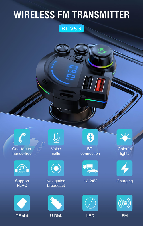 Hands-free Call P22 New Car FM Transmitter QC3.0+PD20W Dual Fast Charger Blue Tooth Receiver