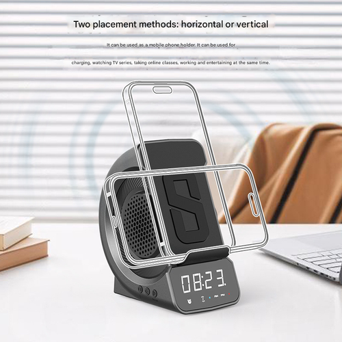 3-in-1 Wireless Charging Station Bluetooth Speaker - Digital Alarm Clock with Qi Charger, FM Radio, Night Light for Bedroom, Desktop Office