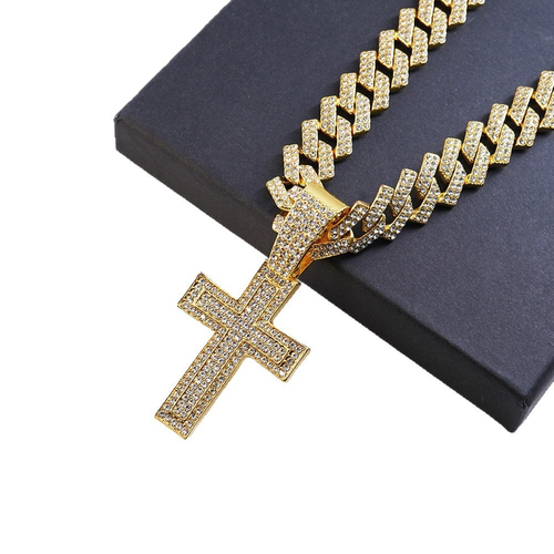 Hip-hop hot selling alloy full diamond cross pendant fashion trend rap diamond men's Cuban chain necklace jewelry