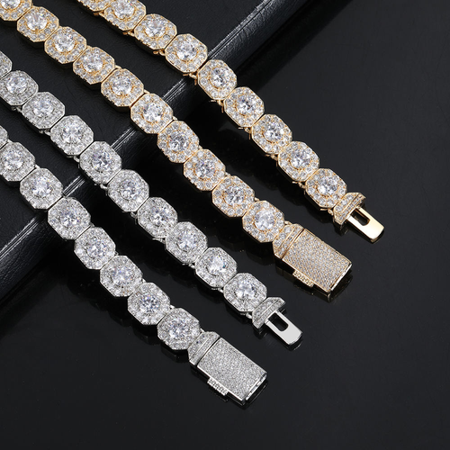 Nuoya 10mm Gold Plated Clustered Tennis Chain Necklace Iced Out Baguette Cubic Zircon Choker Necklaces