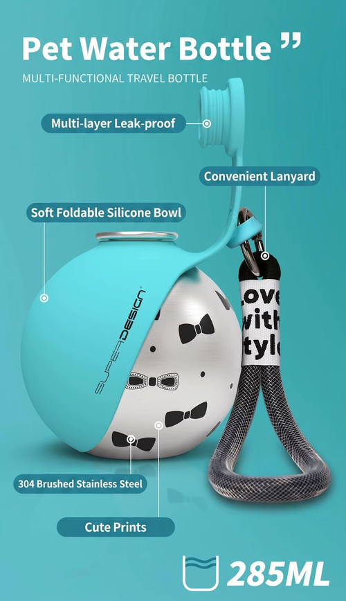 Custom Logo Eco-Friendly 285ml Silicone Dog Bowl with Integrated Steel Bottle Ball Shape Portable Pet Feeding Bottle