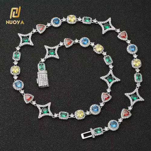 New Arrival Colorful Gemstone Chain for Women 18K Gold Plated Colored Zircon Geometry Motif Link Necklace Hip Hop Jewelry