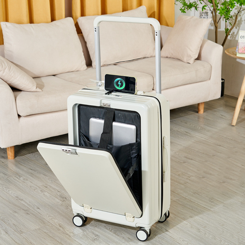 2025New Suitcase Wide Trolley Front Opening Double Silent Spinner Wheels 100% PC Travel Suitcase Charging Usb Port Luggage TSA Lock
