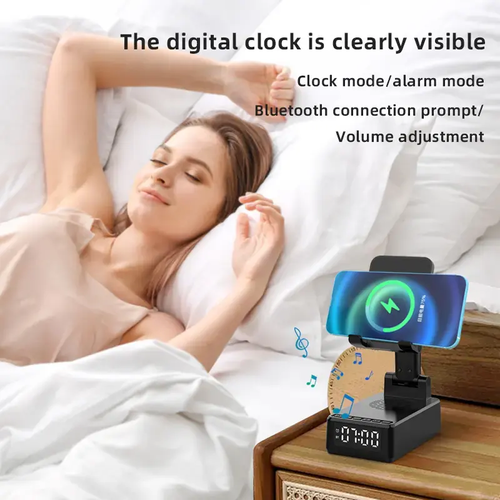 New Wireless Charger BT Clock Speaker Mobile Phone Stand Multi-in-one Desktop Folding Stand BT Small Audio Box
