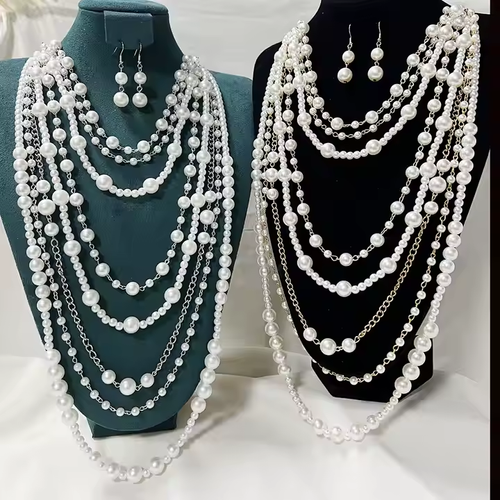Statement Chunky Pearls Jewelry Set Long Statement Necklace Layered Pearls Necklace Earrings for Women