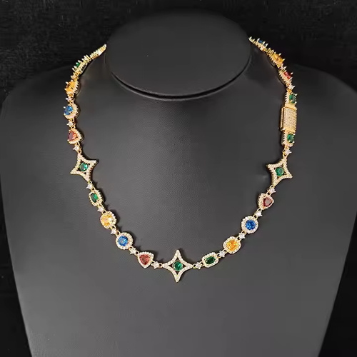 New Arrival Colorful Gemstone Chain for Women 18K Gold Plated Colored Zircon Geometry Motif Link Necklace Hip Hop Jewelry
